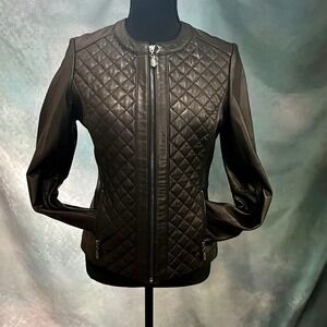 J.McLaughlin Womens Brown Bronze Quilted Genuine Leather Zip Front Jacket Small